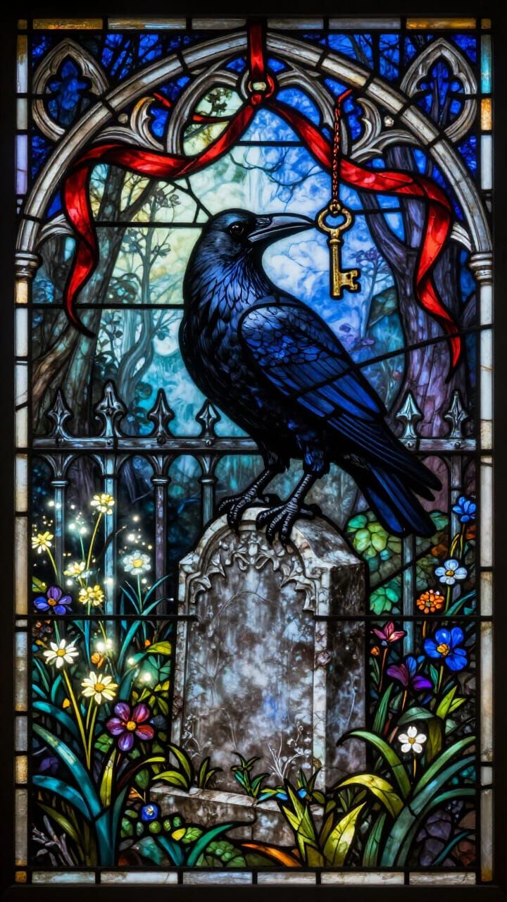 Intricate Stained Glass Crow with Key on Tombstone