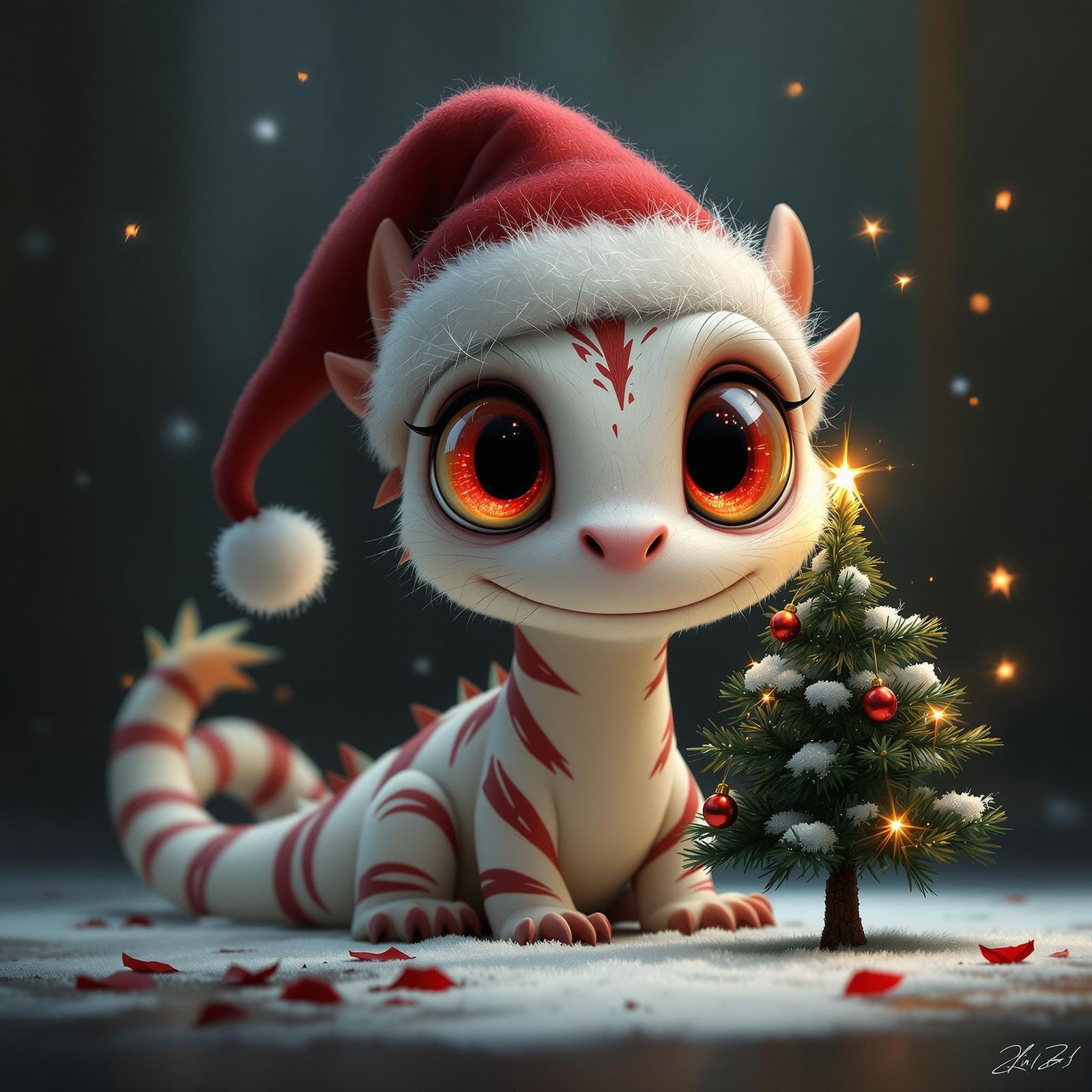 Surreal Christmas Dragon Visits Tiny Tree