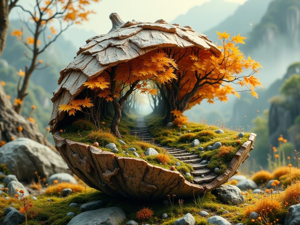 Miniature Autumn Landscape Inside Seedpod with Intricate Tex...