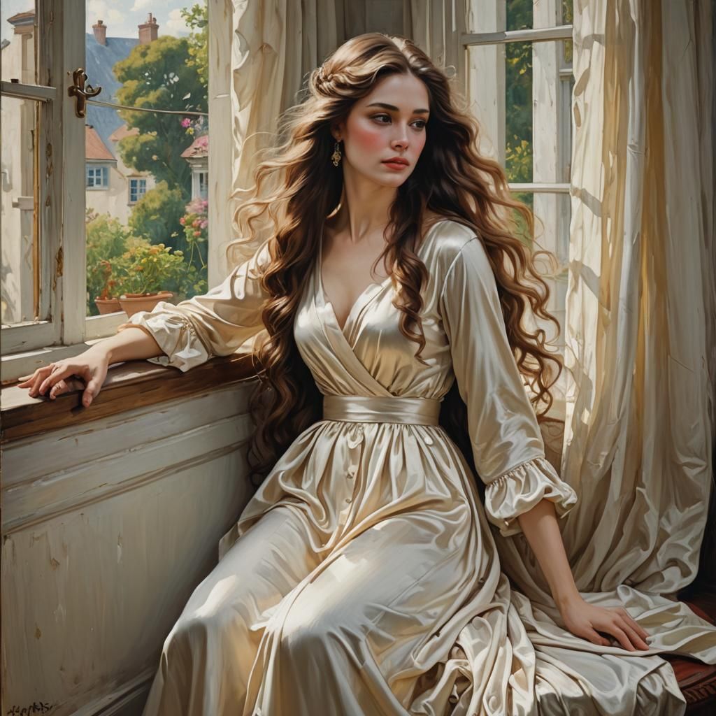 Woman in Silk Dress: Oil Painting