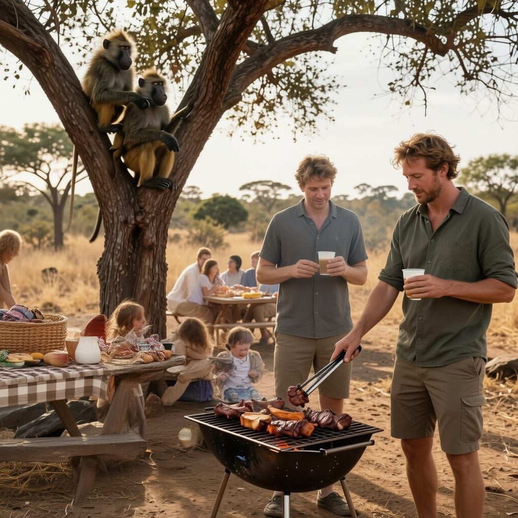 Men Braaiing at Picnic Spot with Family and Baboons