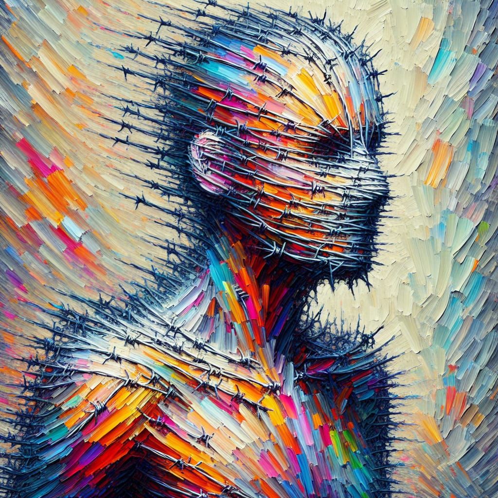 Ethereal Barbed Wire Figure in Impressionist Style