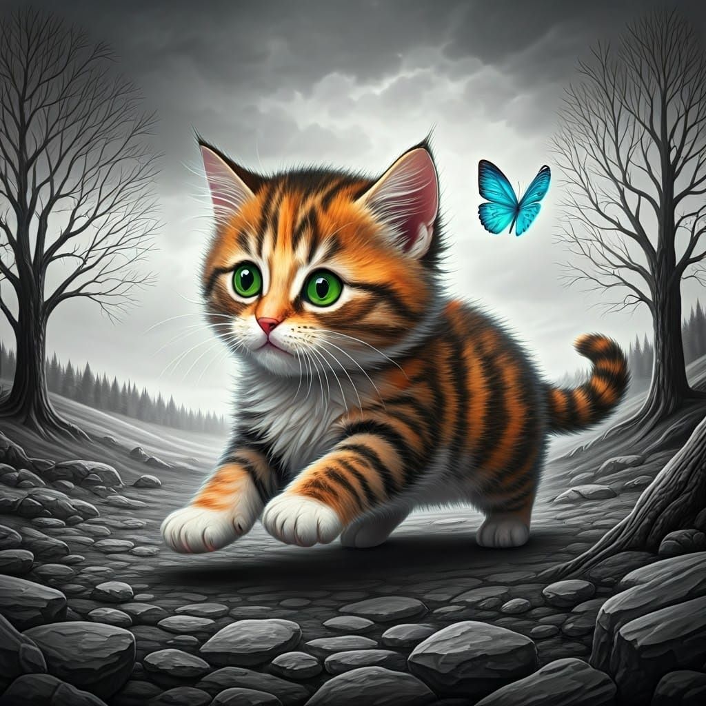 Kitten and Butterfly in Bleak Landscape Illustration