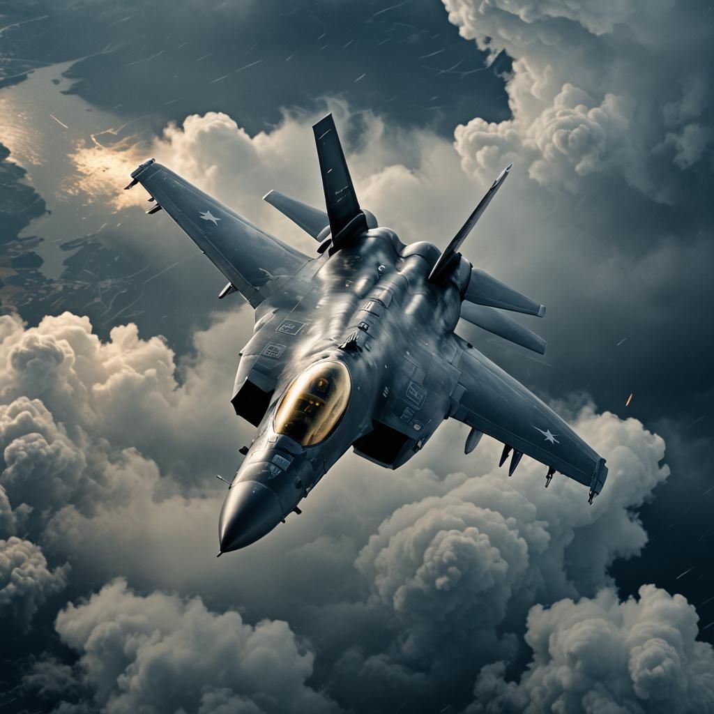 F35 Fighter Jet Soaring Through Stormy Skies