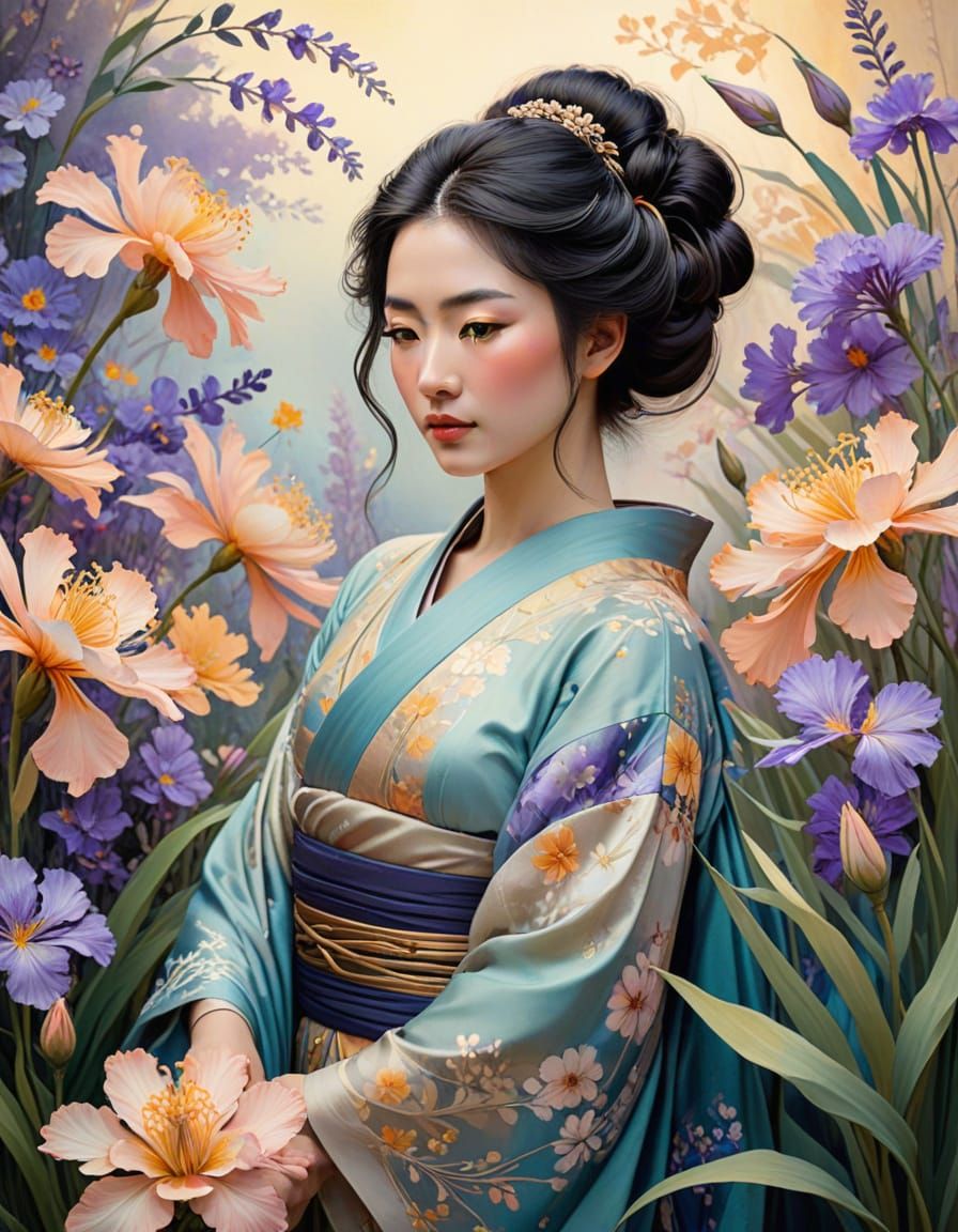 Surreal Geisha Amidst Golden Water Lilies in Soft Focus Wate...