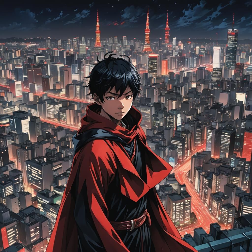 Heroic Manga Boy in Tokyo Cityscape at Night