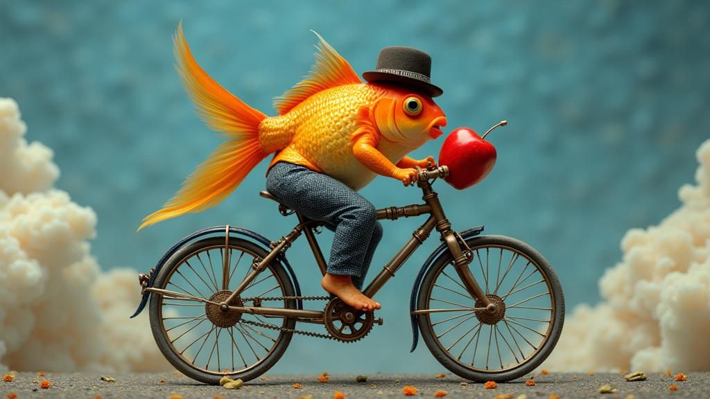 Goldfish on Tap Bicycle in Dreamlike Landscape