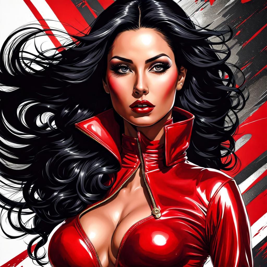 Latina Woman in Red Latex Costume: Splash Art Portrait