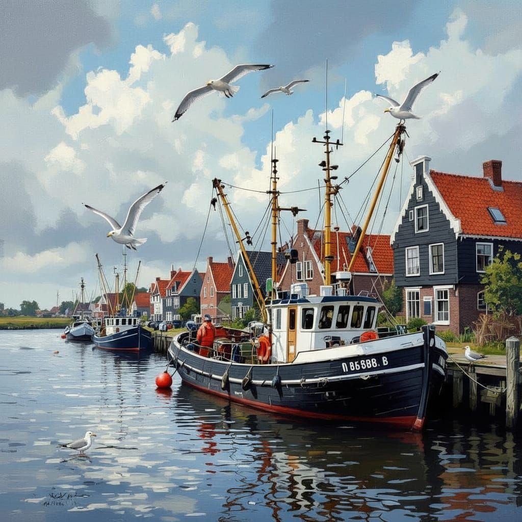 Fishing Village Docking with Vintage Dutch Houses