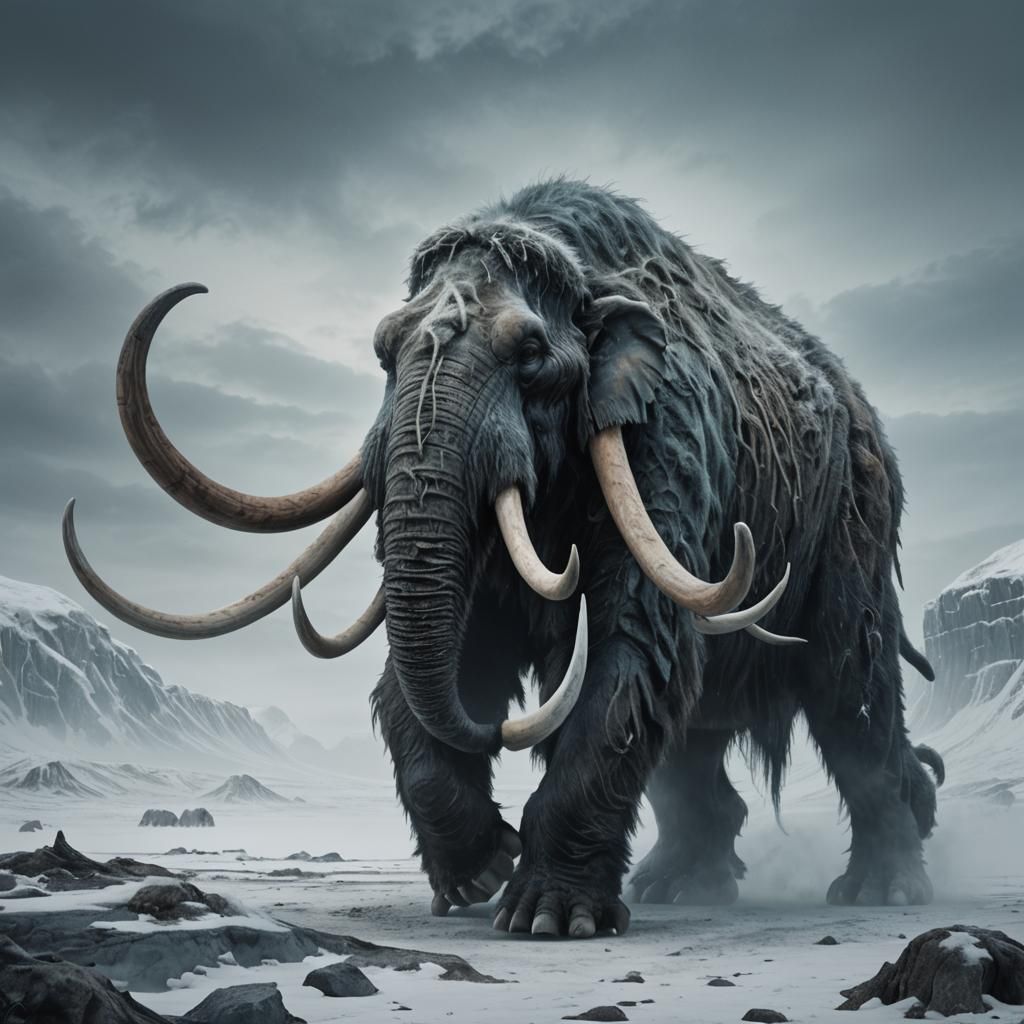 Surreal Horror: Mammoth-Giant Hybrid in Icy Wasteland