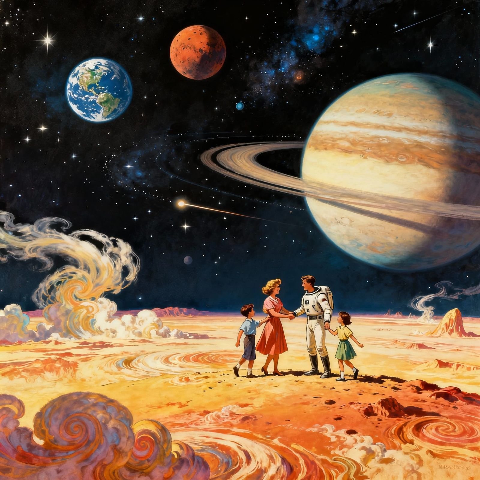 Joyful Family Reunion on Venus with Solar System View