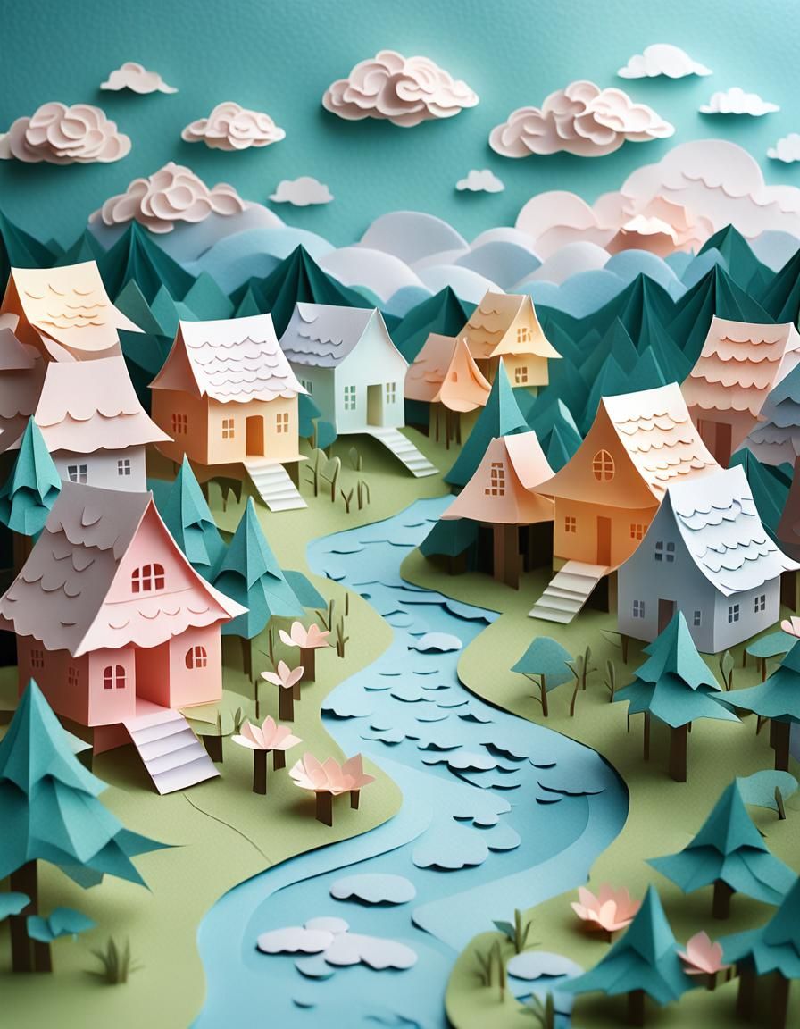 Delicate Kirigami Village in Pastel Colors