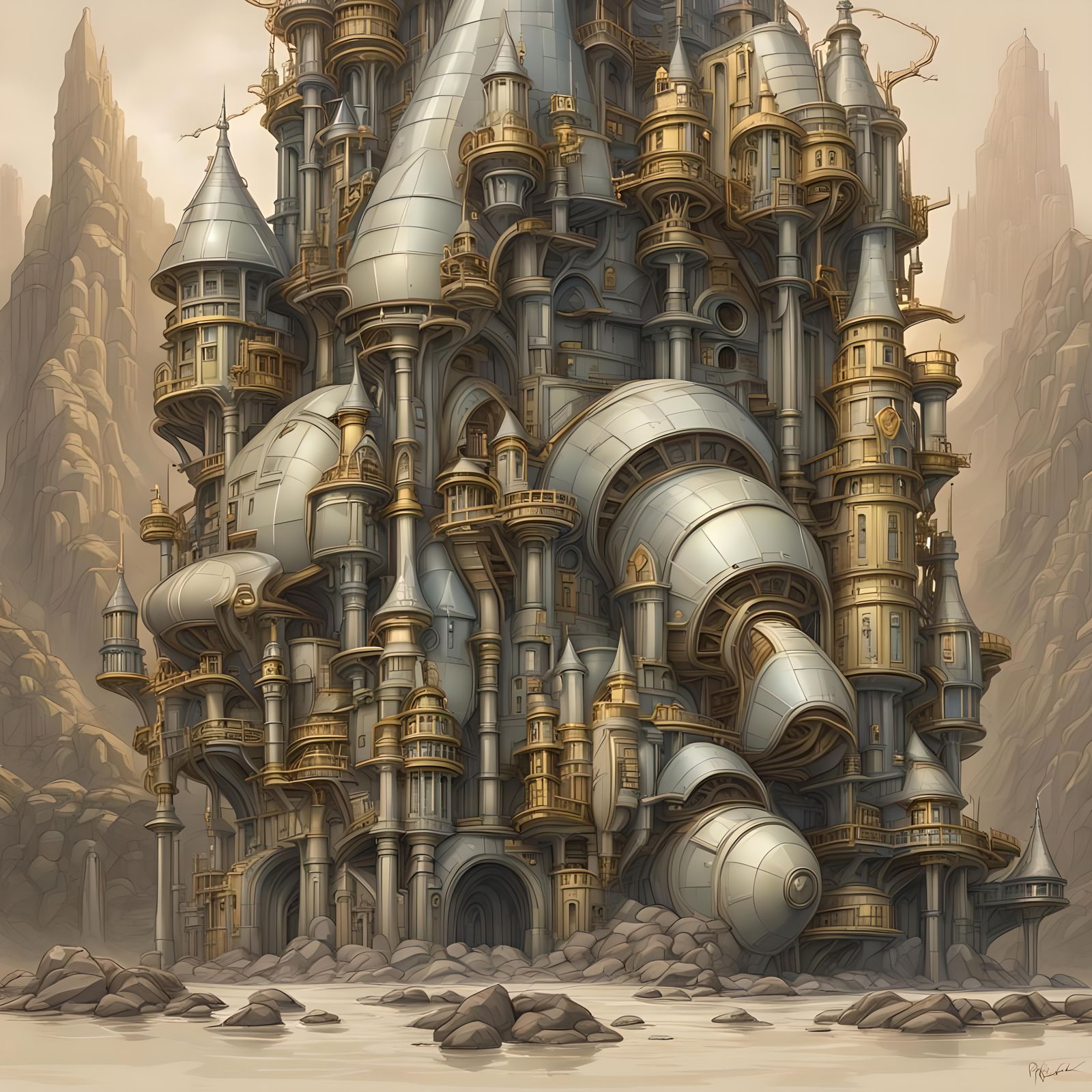Retro futuristic fantasy castle