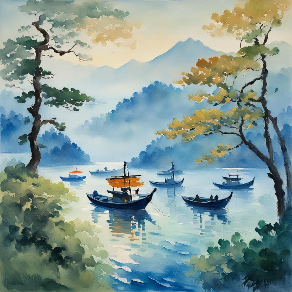 Japanese Boats Sailing in Misty Inland Sea Gouache