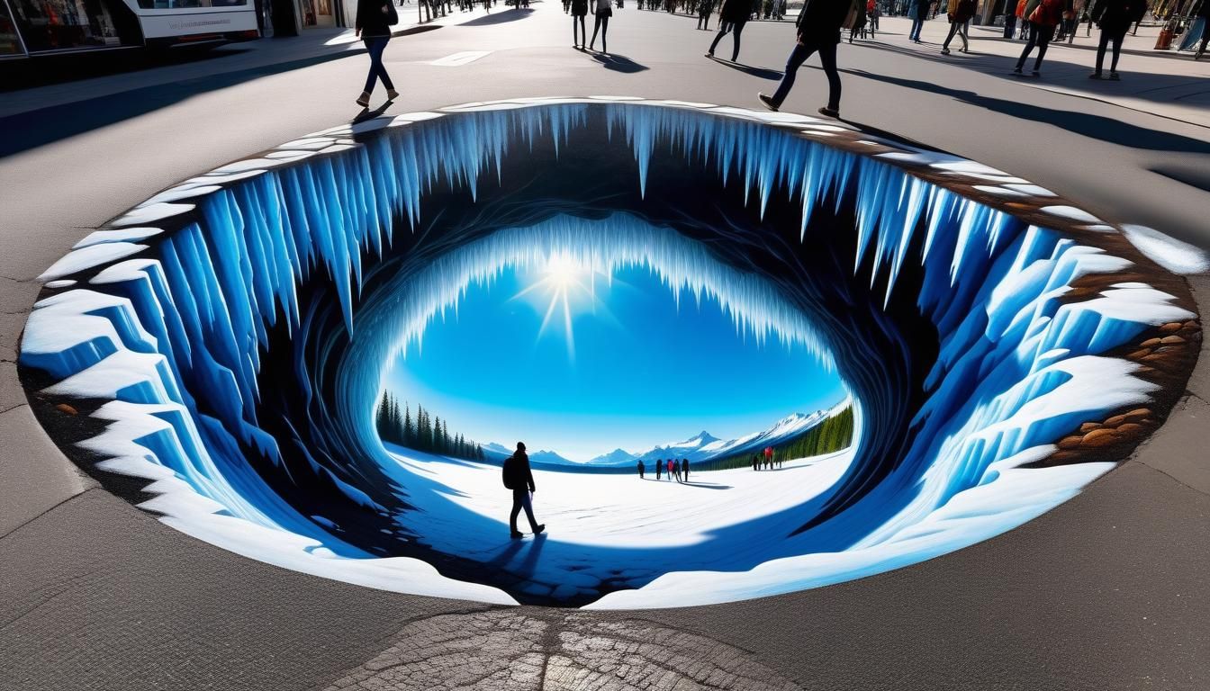 Optical Illusion: Magical Ice Cave Sidewalk Art