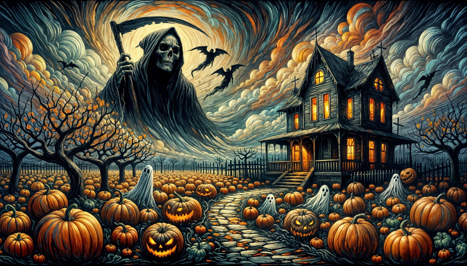Grim Reaper Over Haunted Pumpkin Patch in Expressionist Styl...