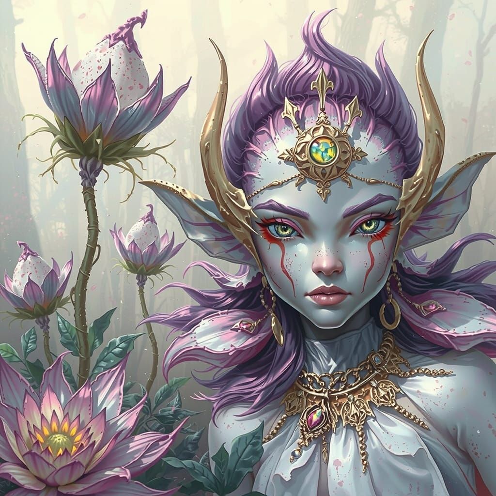 Mysterious Fae with Glowing Eyes in Dark Forest