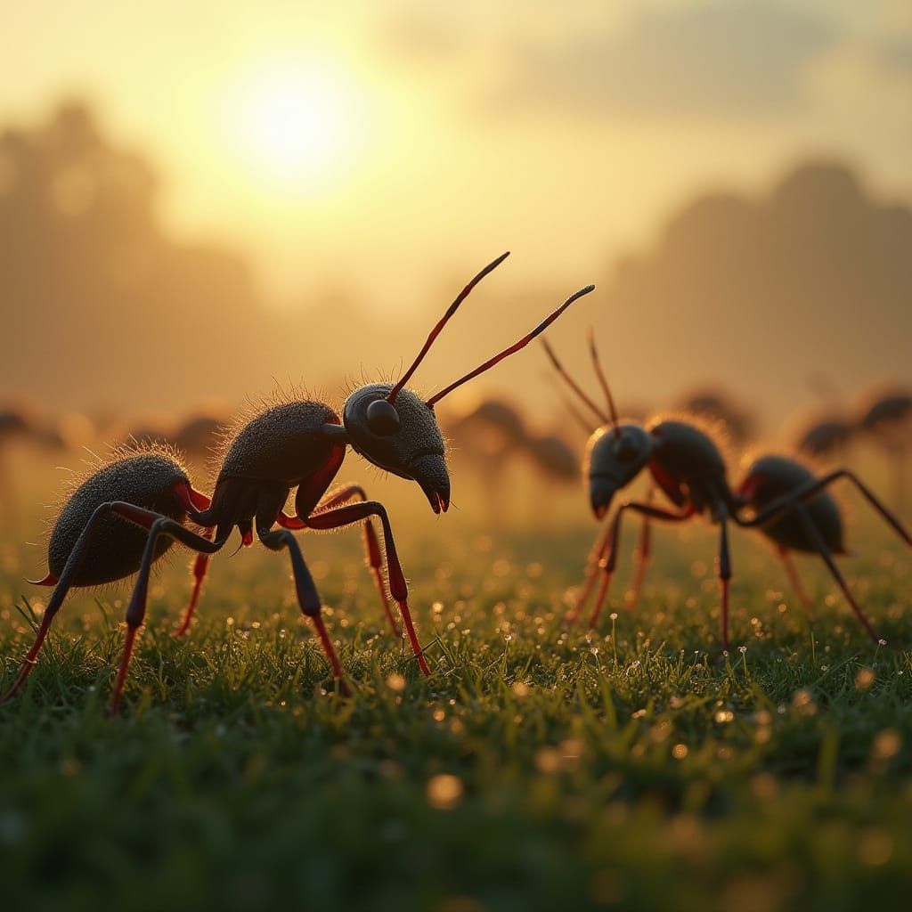Giant Ants Swarm Football Field at Dawn