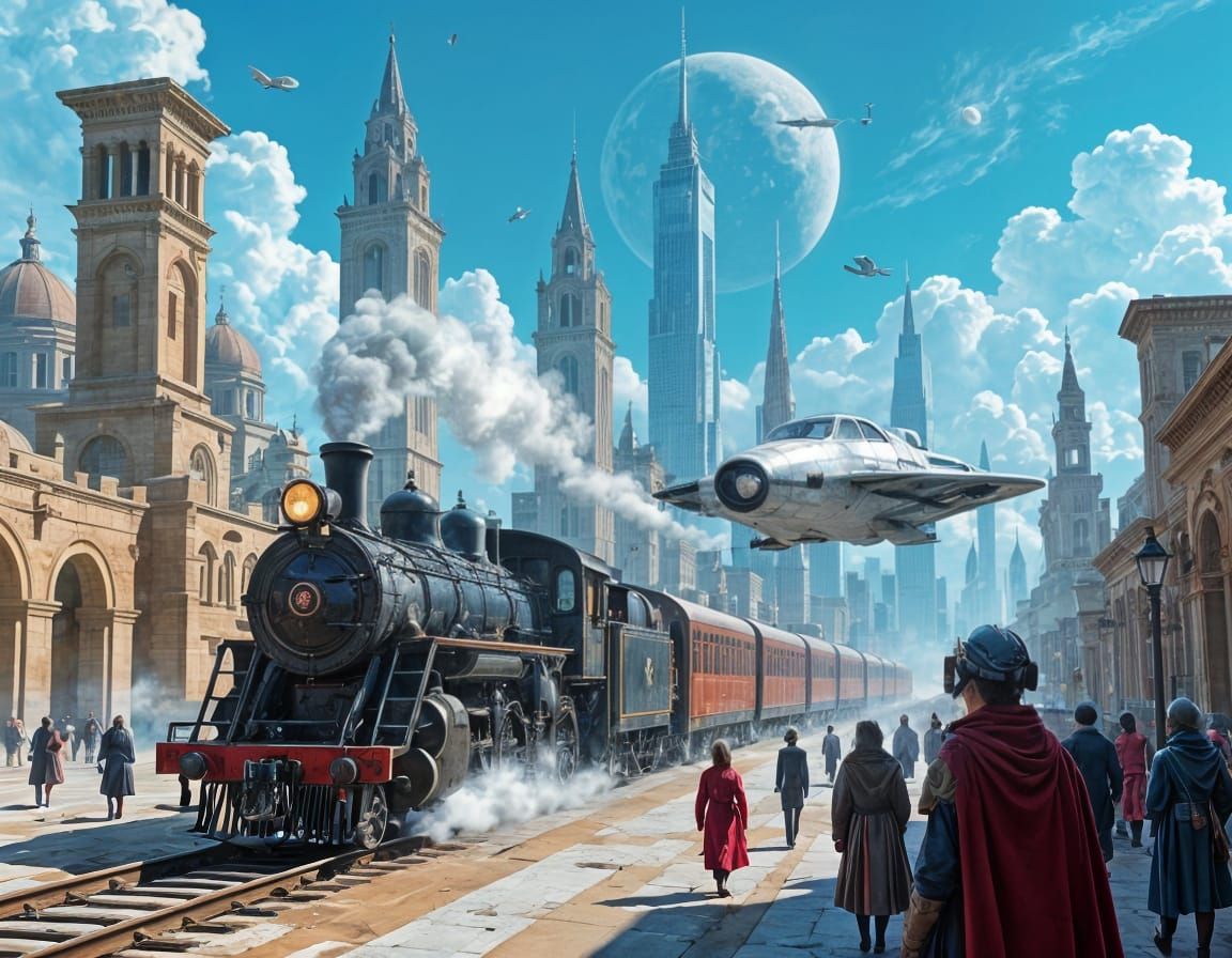 Past Meets Future Cityscape with Steampunk and Sci-Fi Elemen...