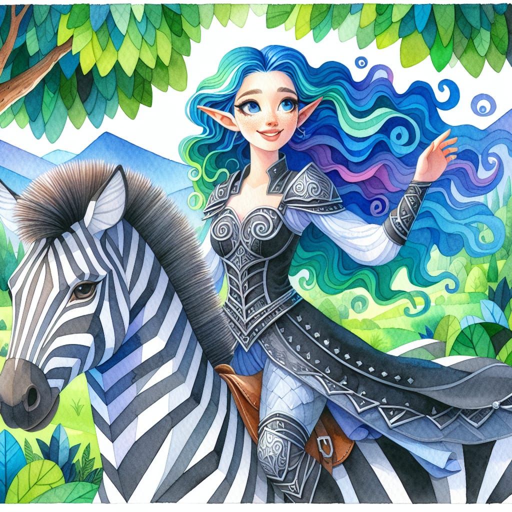Elven Woman Rides Zebra in Watercolor Painting