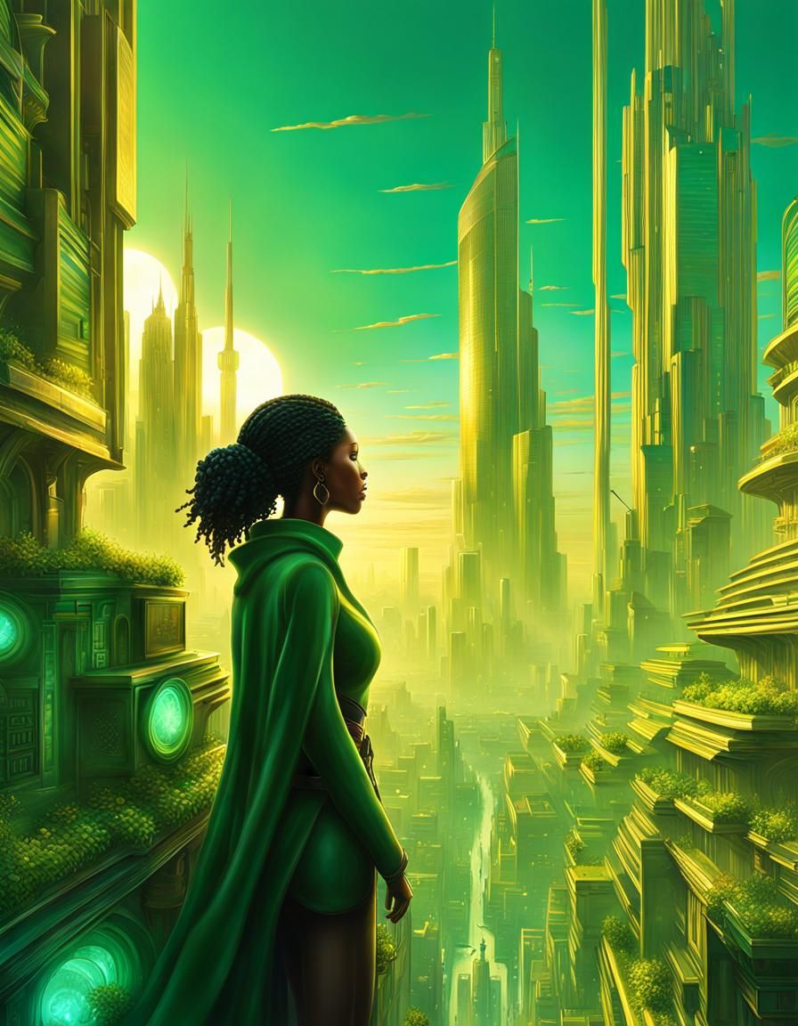 Solarpunk Cityscape Silhouette in Golden Light