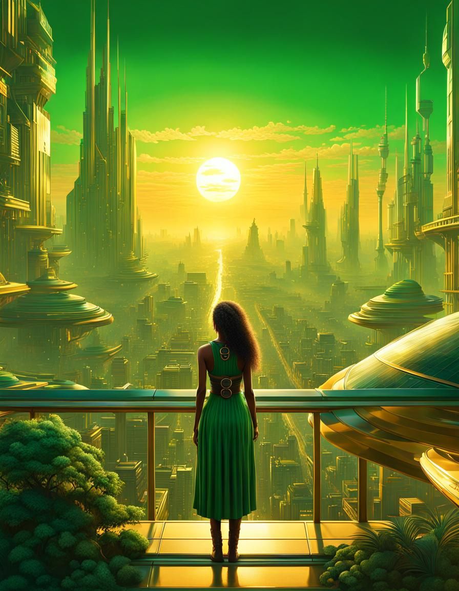 Serene Solarpunk Cityscape with Silhouette at Sunset