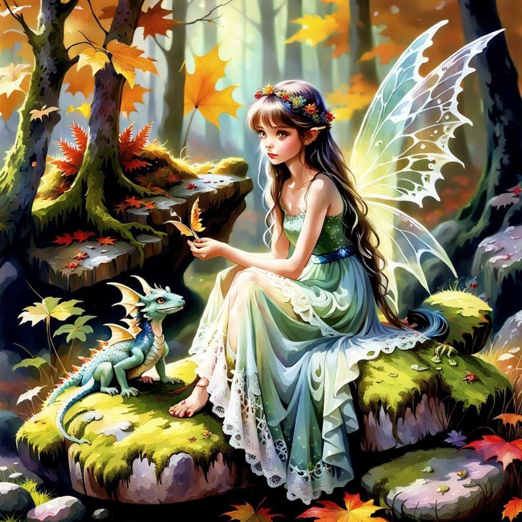 Fairy and Dragon in Enchanted Autumn Forest