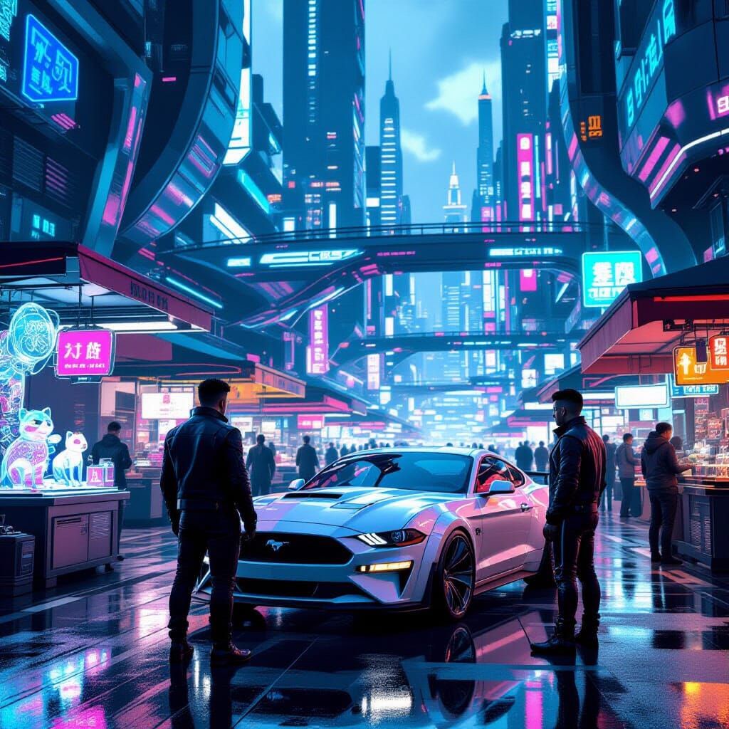 Futuristic Marketplace with Holographic Pets and Cybernetic ...