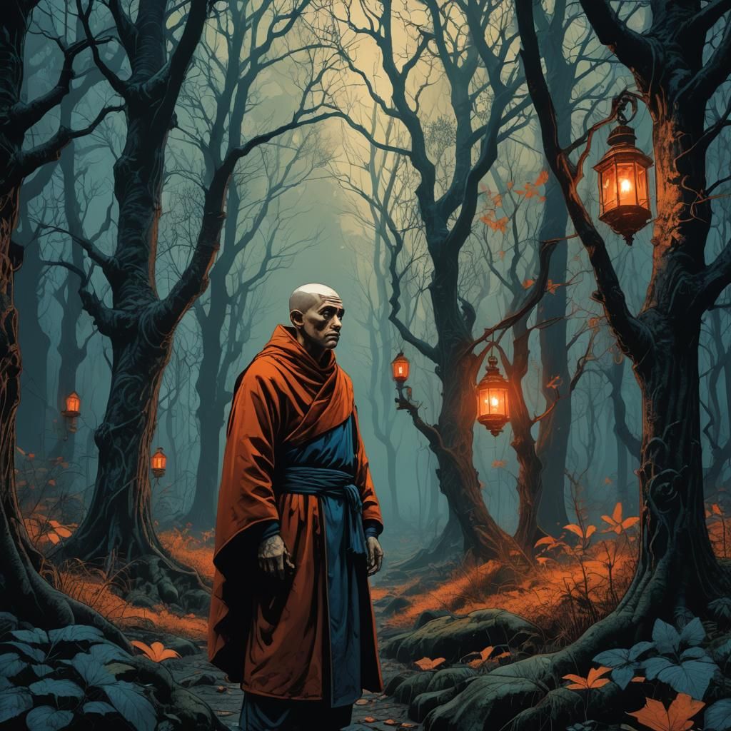 Mysterious Monk in Gothic Graphic Novel Style