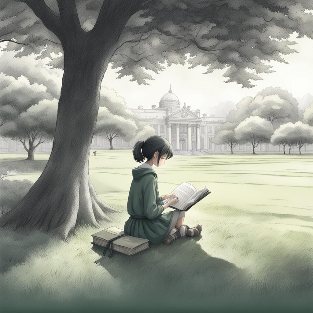Anime Girl Reading in Park, Dark Academia Pencil Drawing