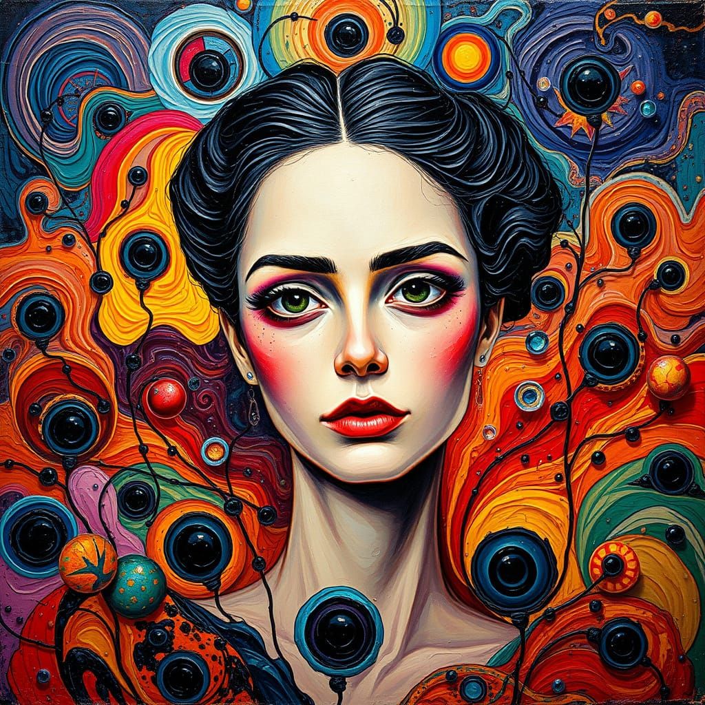 Woman in Dreamlike Landscape with Black Irises