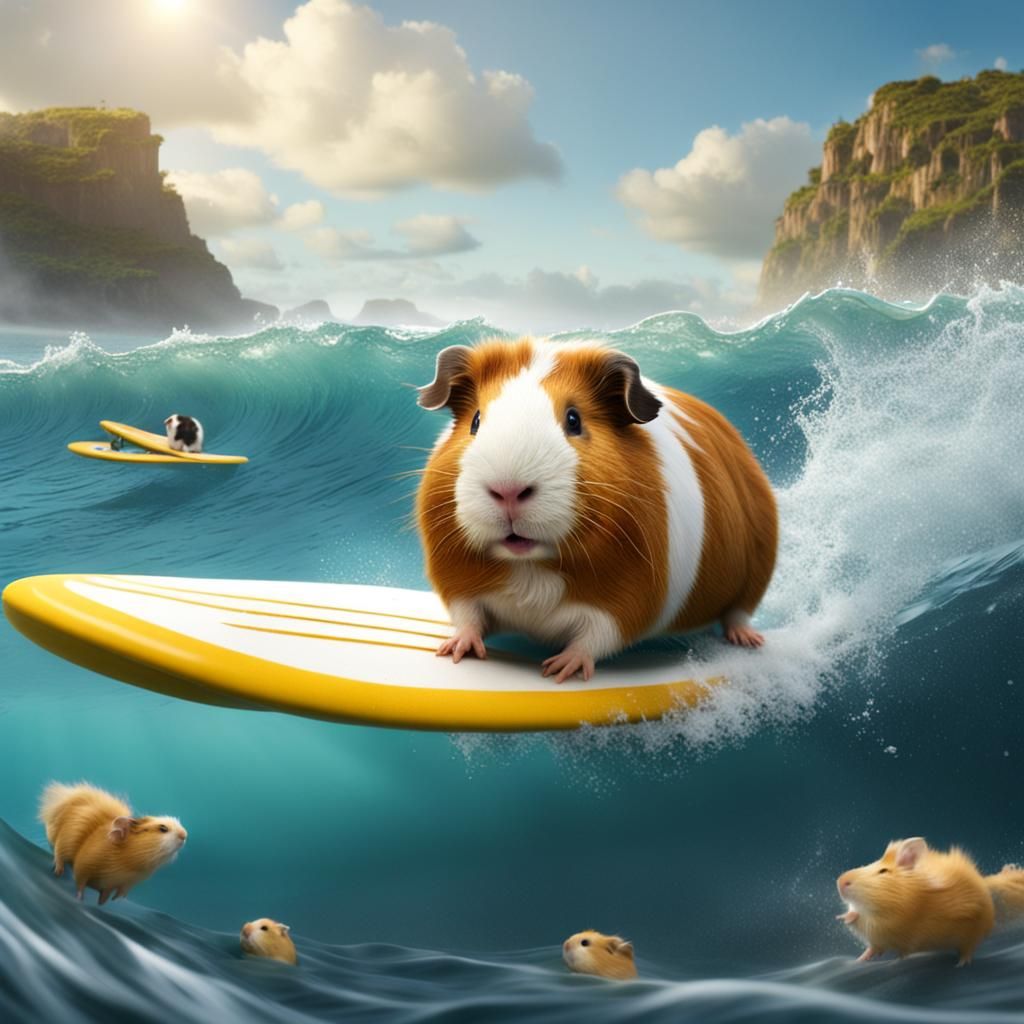 Happy Guinea Pig Surfing in the Ocean