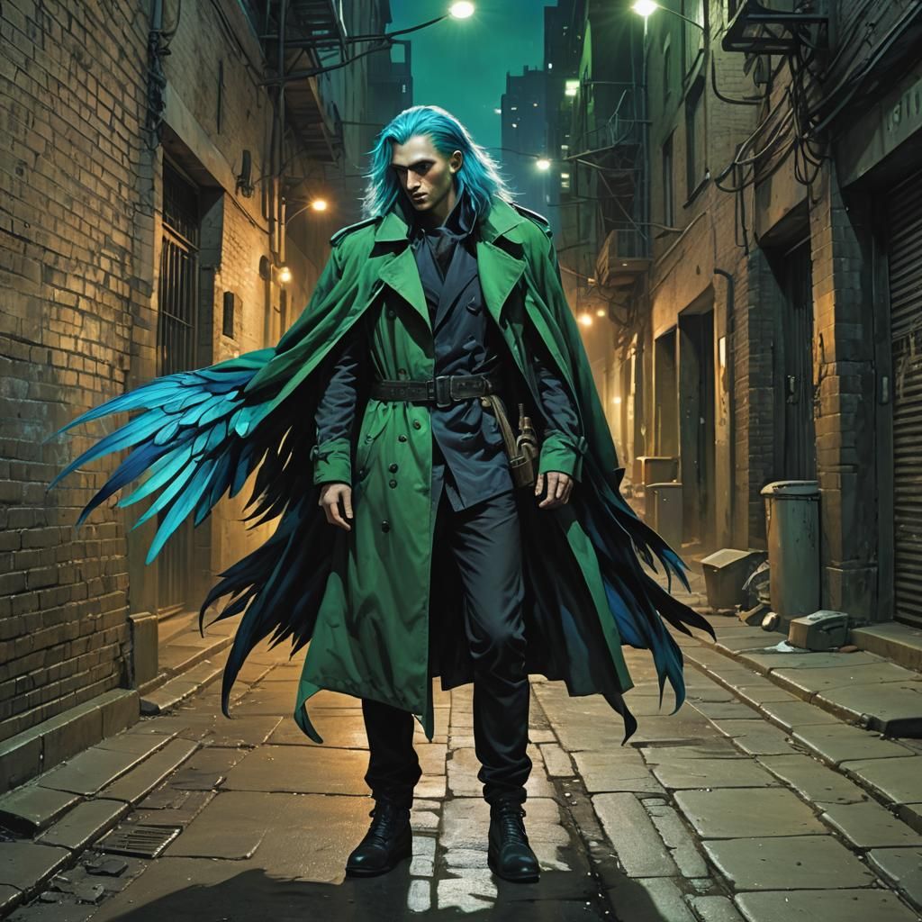 Winged Youth in Grungy Alley, Dark Fantasy Art