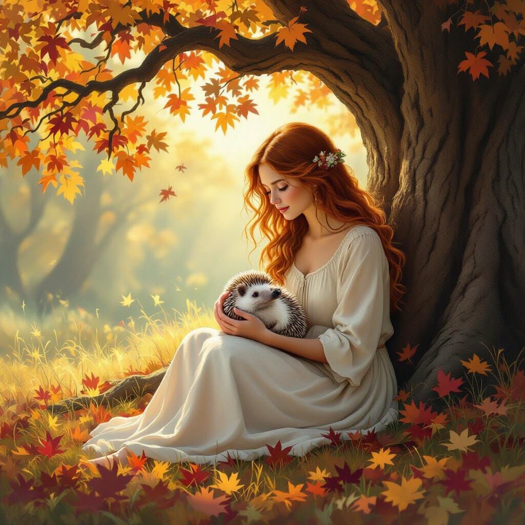Woman With Hedgehog Under Ancient Oak Tree