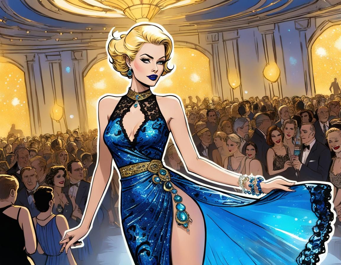 Col Wilma Deering models a glamorous blue glass dress