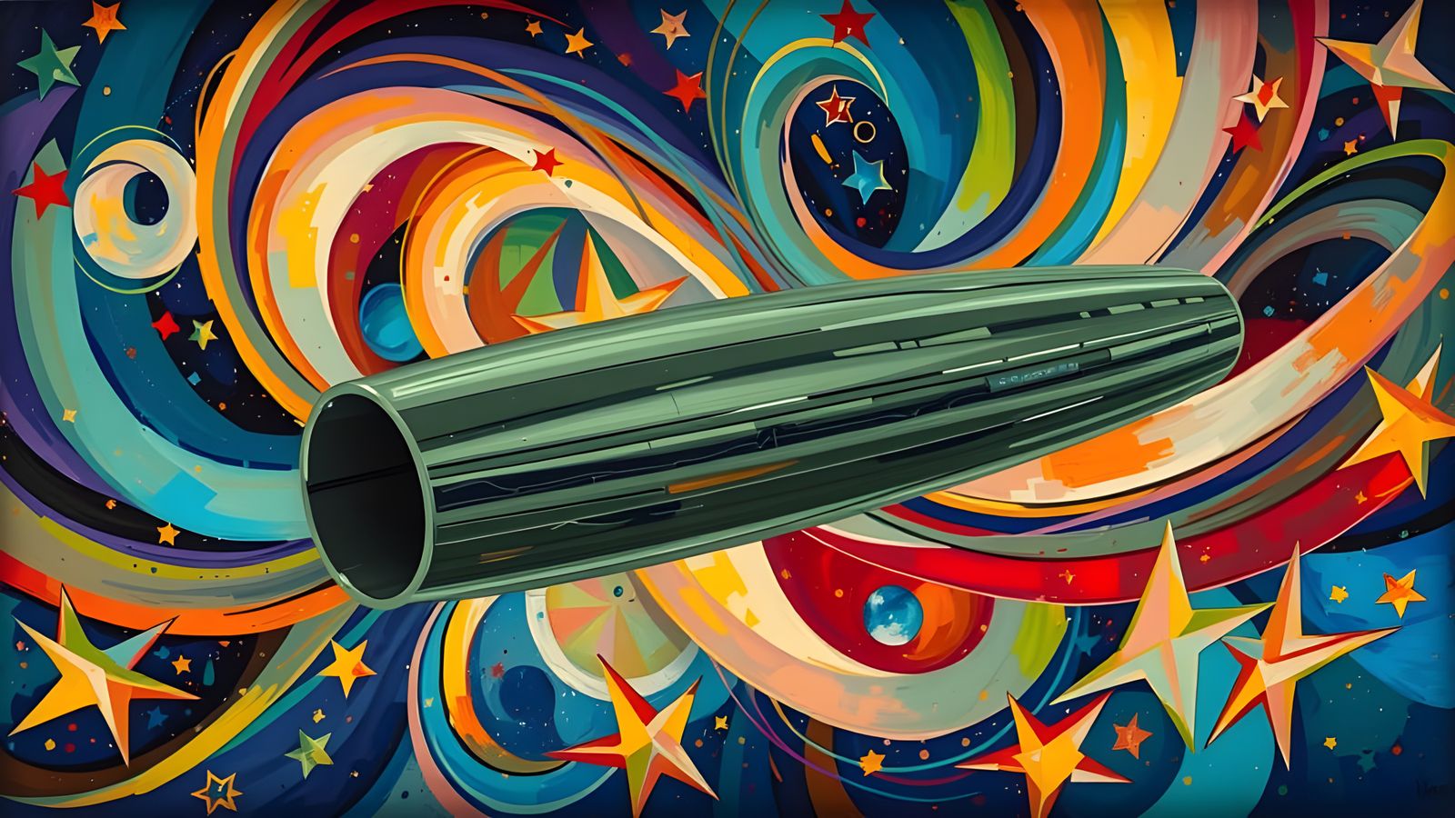 Abstract Metallic Cylinder Reflecting Impasto Oil Painting