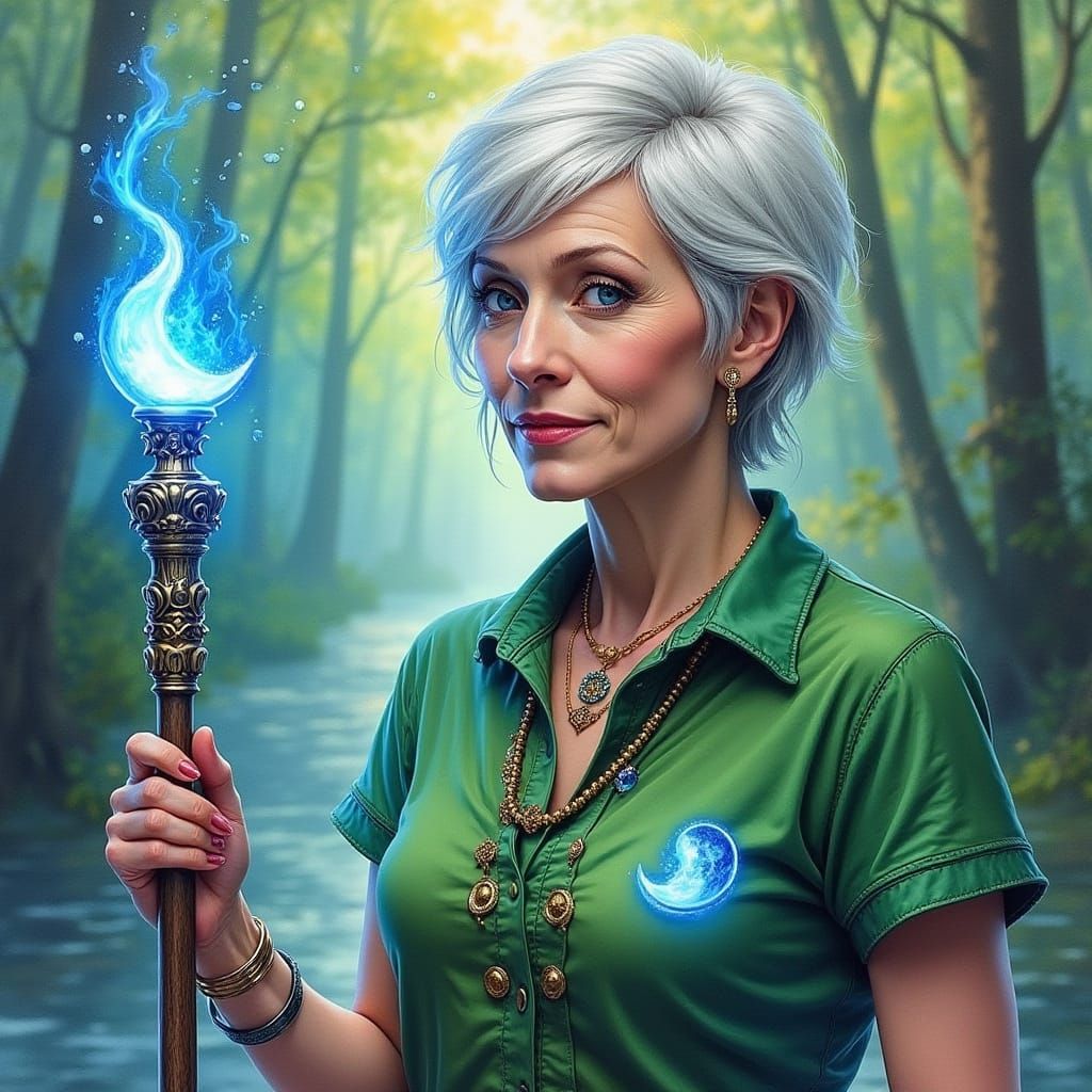 Gaudy Watercolor Druidess Under Crescent Moon