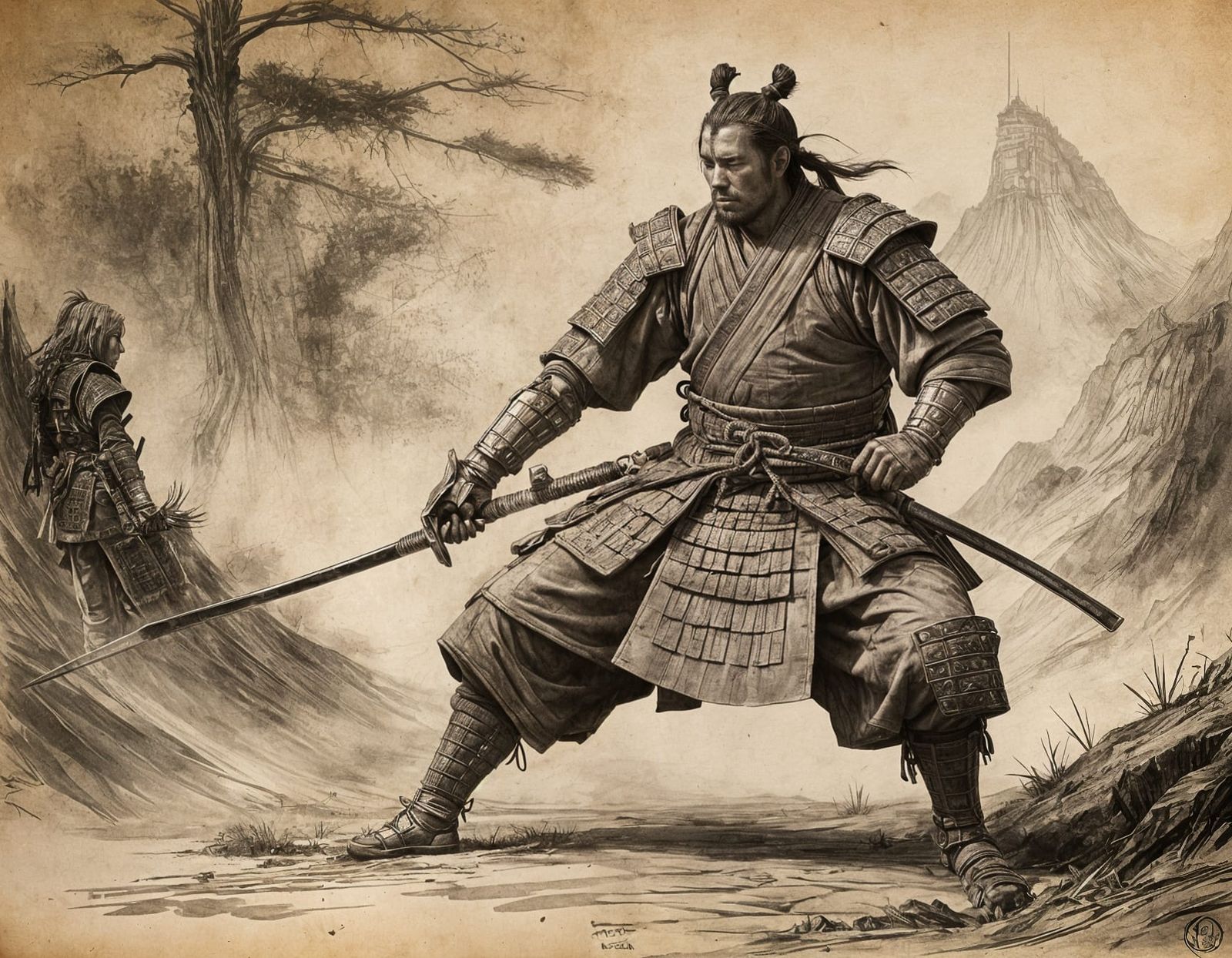 Samurai and Master Ready for Battle: Parchment Illustration