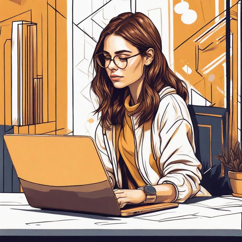 Girl with Laptop: Cozy Pencil Colored Illustration