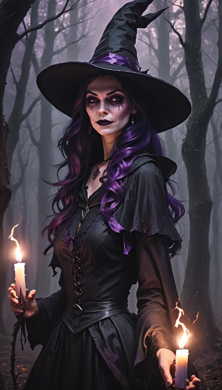 Seductive Witch Casting Spell in Dark Forest