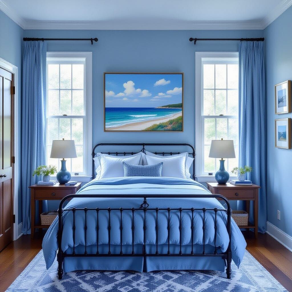 Serene Twin-Blue Bedroom with Seashore Art