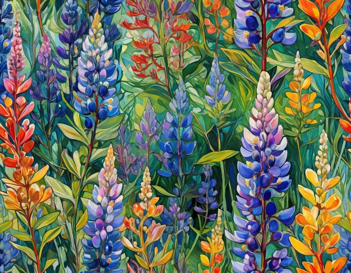 Abstract Wild Lupines in Vivid Colors
