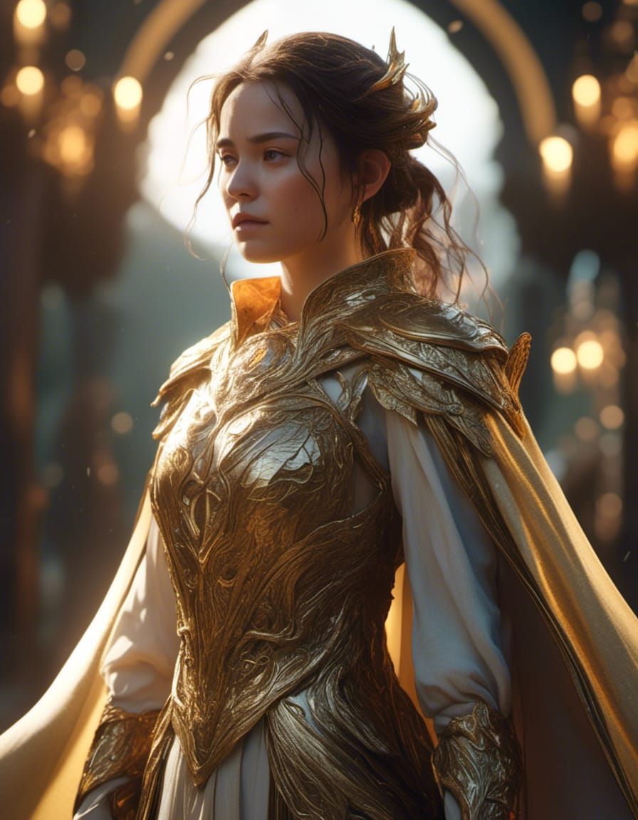 Elven Girl in Golden Robe Looks Back