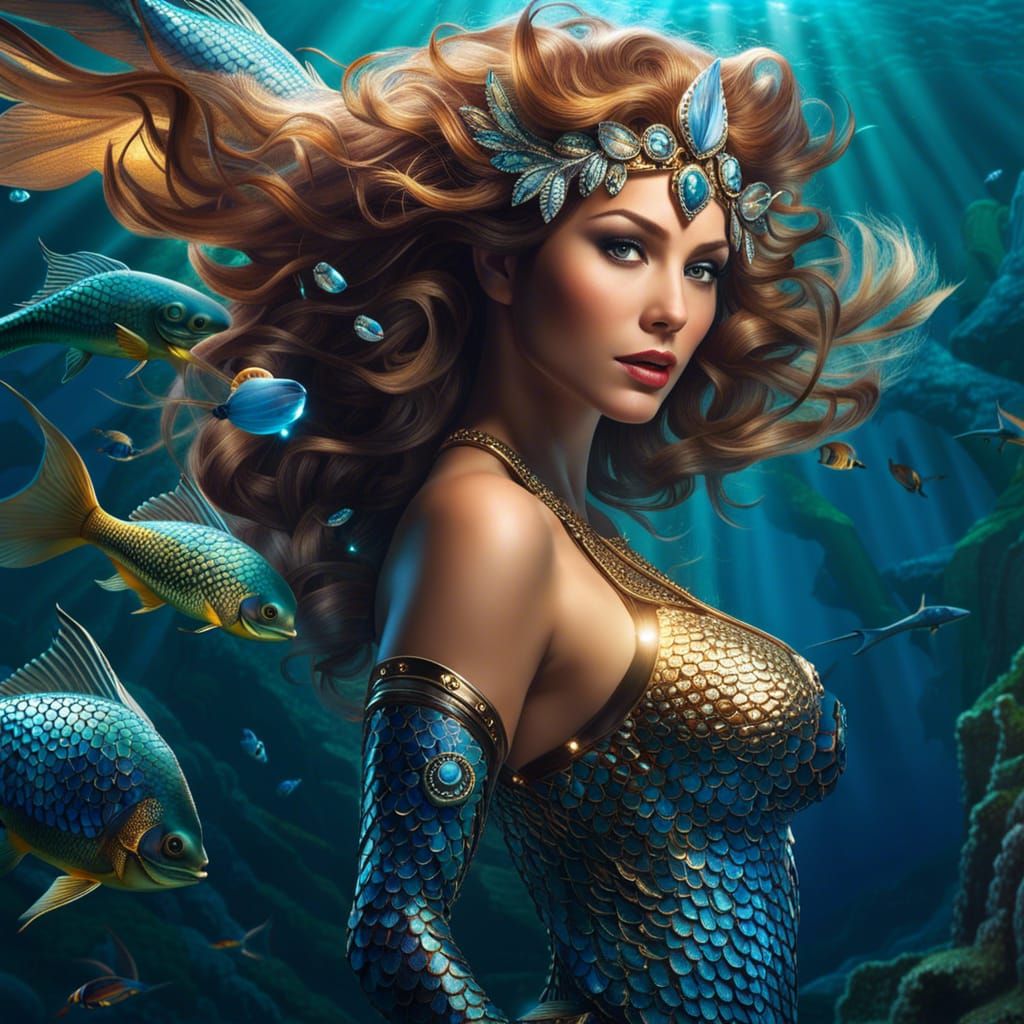 Mermaid Warrior with Shimmering Scales in Underwater Grotto