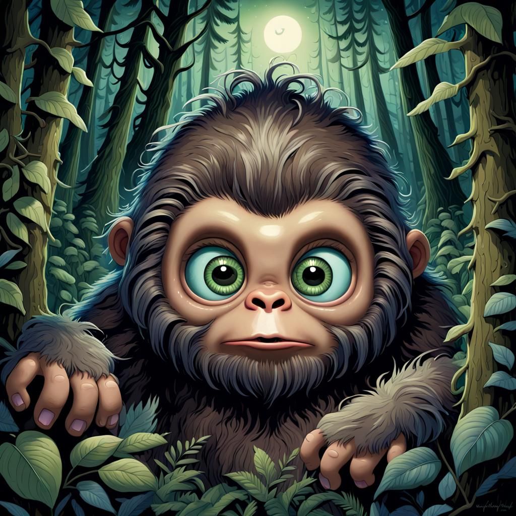 Cartoon Bigfoot in Moody Forest, Whimsical Art