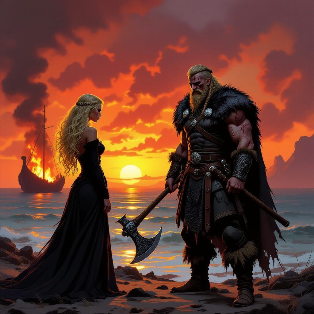 Viking Warrior Silhouetted Against Fiery Sunset