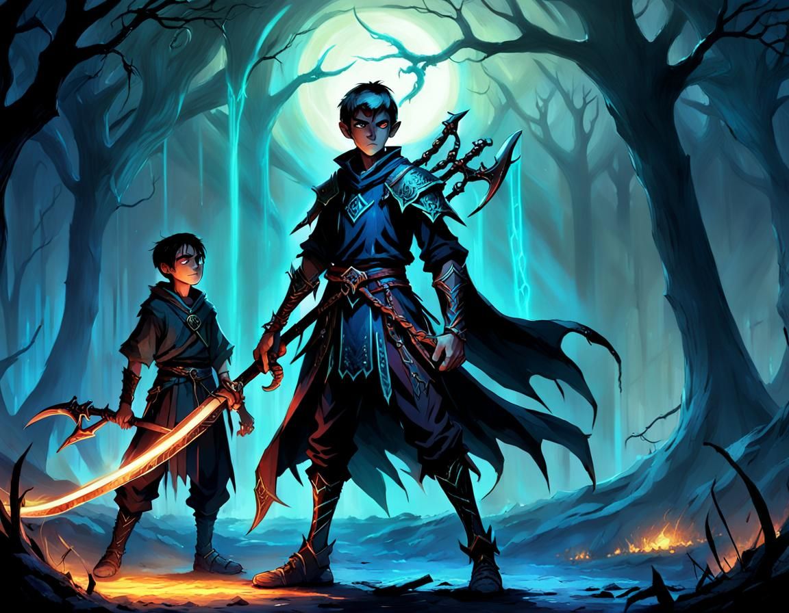 Boy with Scythe Confronts Shadow Elf: Fantasy Art