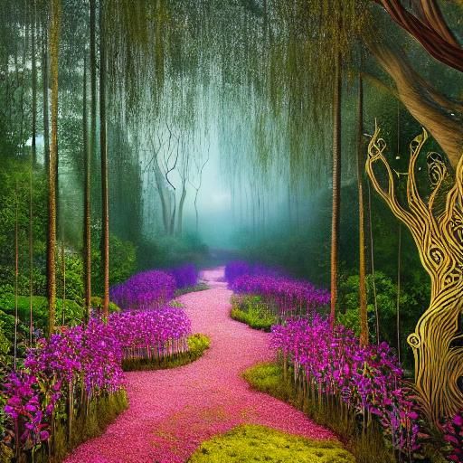 Sunset-Hybrid Woman in Magical Forest, Art Nouveau Style