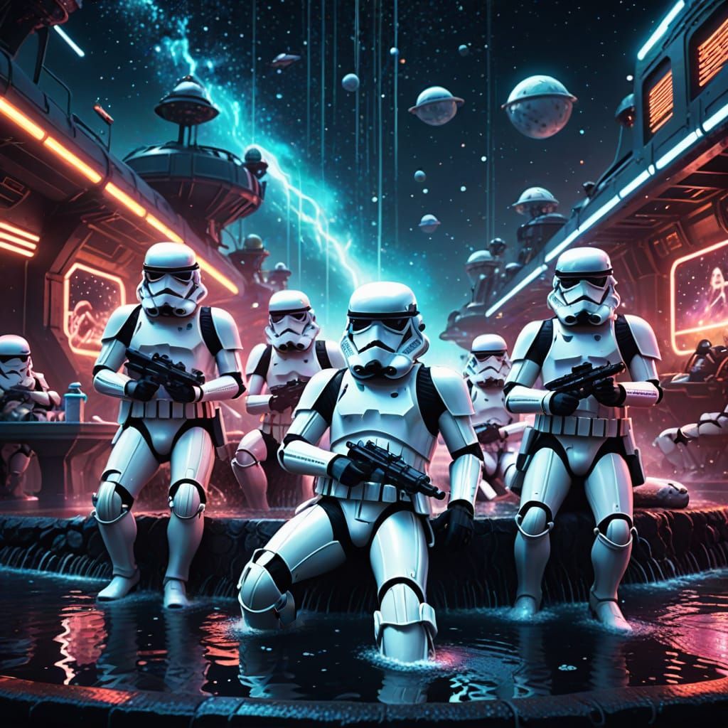 Stormtroopers Relaxing by a Fountain in Space