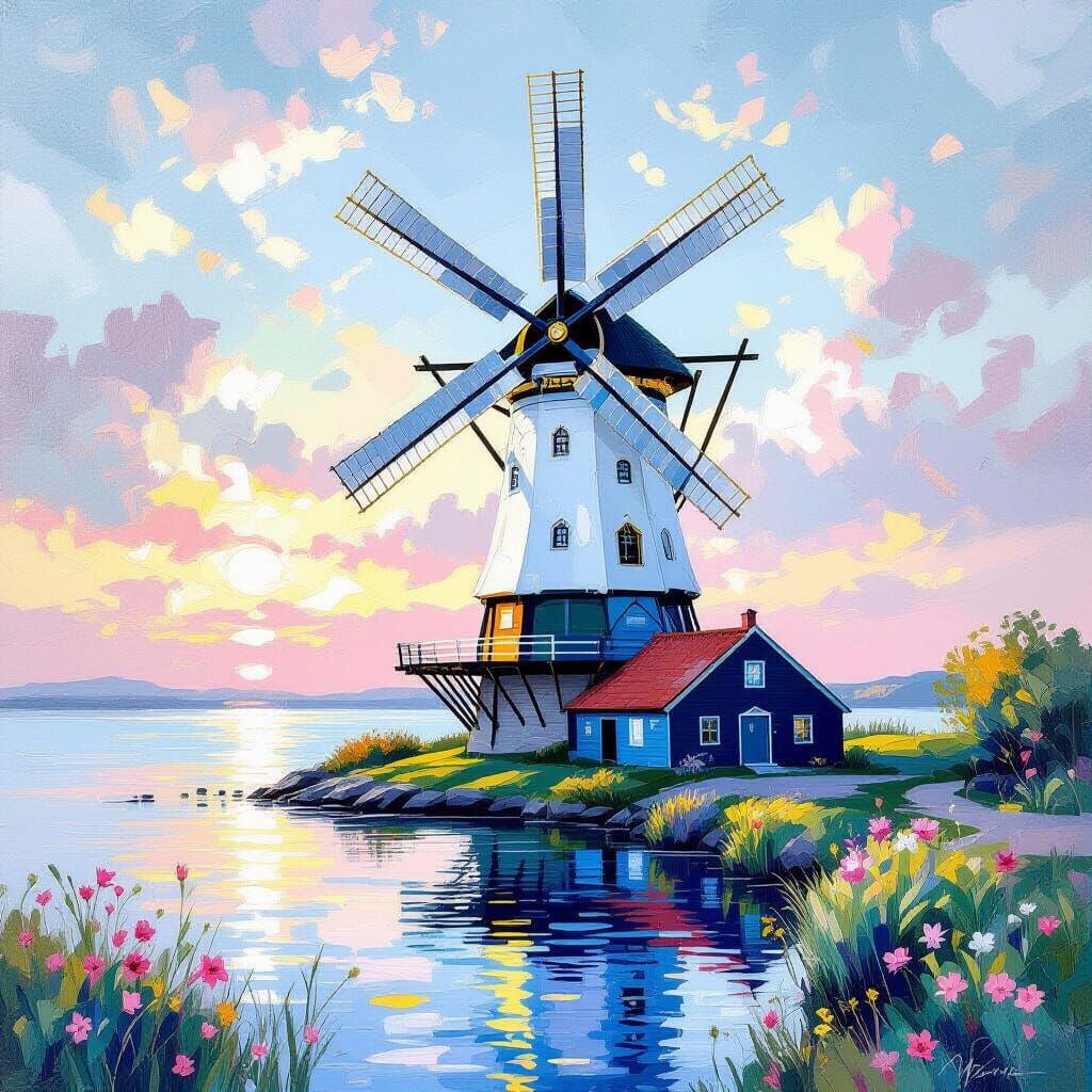 Blue and White Windmill in Metamodern Style